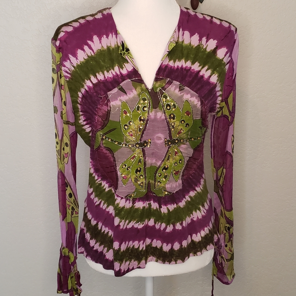 Indochine purple/green dragonfly tie dye shirt Lg